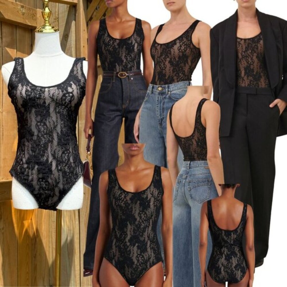 🆕 ZIMMERMANN 🧿 NWT Black Lace Scoop Neck Bodysuit - Sz 2 US 8